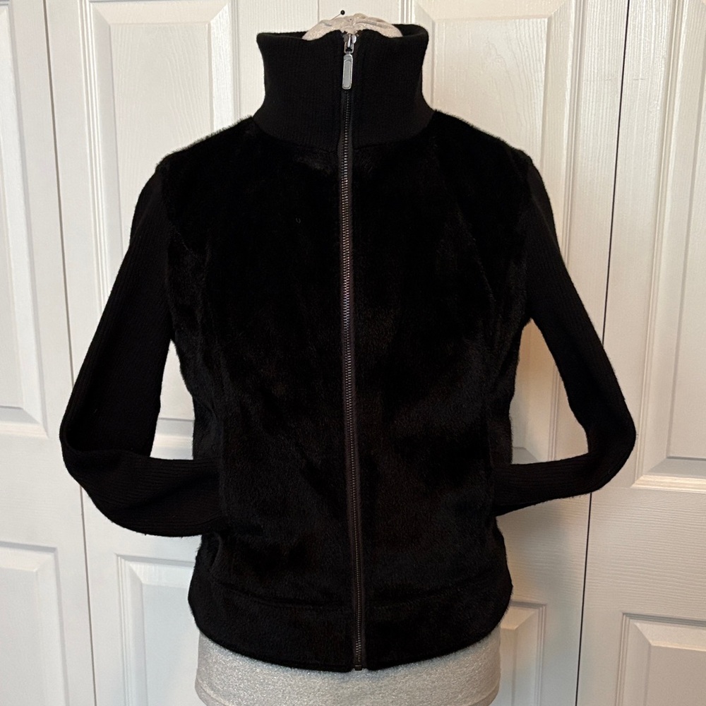 Funnel Neck Faux Fur Women's Black Jacket Pockets Zipper Ribbed Sweater Fall